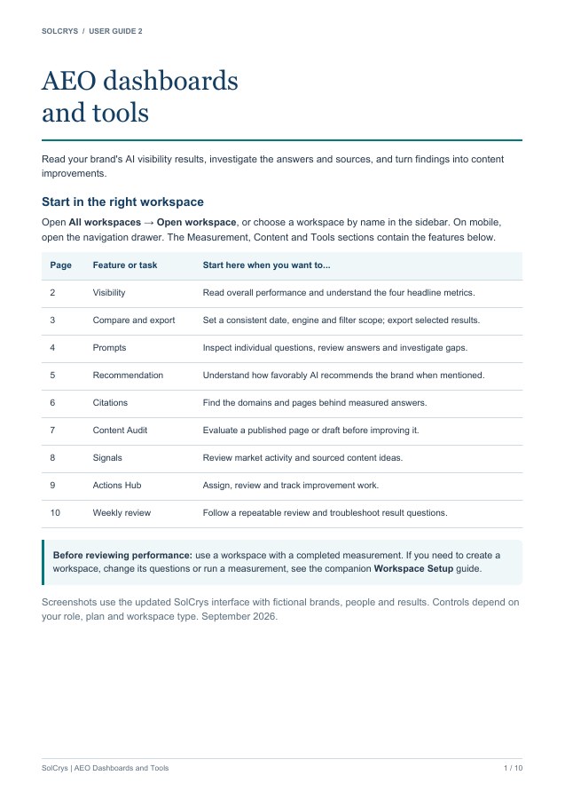 First page of AEO Dashboards and Tools